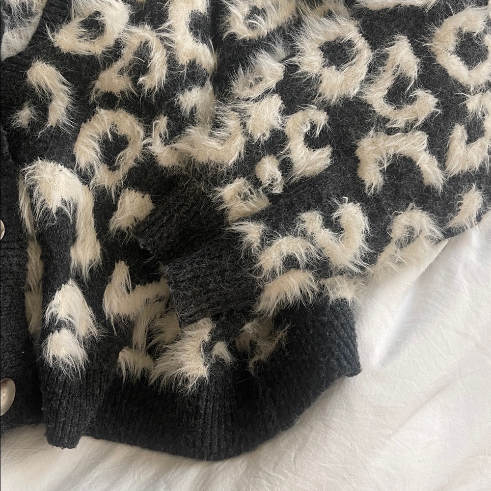 Grey and  White spotted Fuzzy Cardigan - Picture 2 of 6